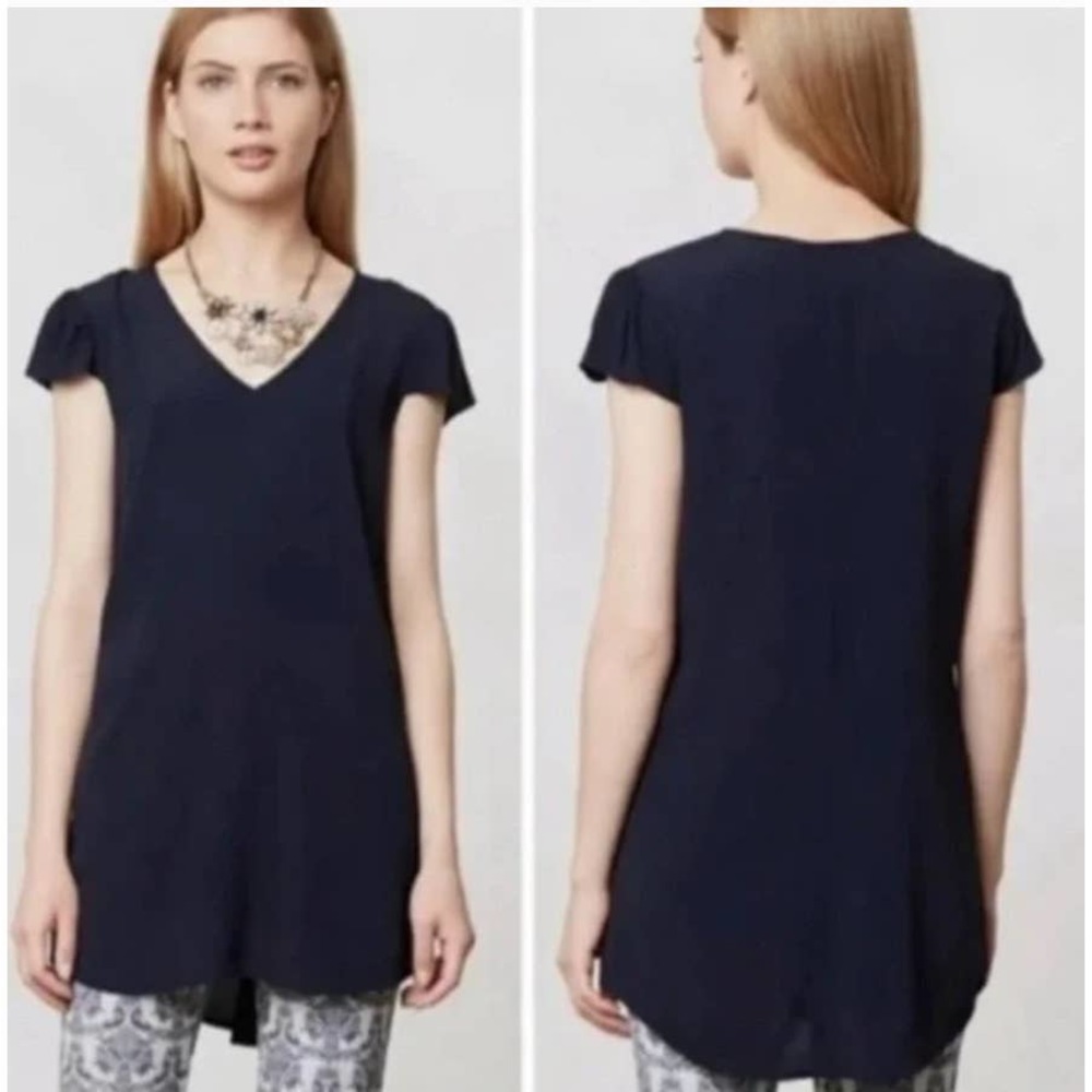Anthropologie Maeve Women’s 2 Navy Blue Cap Sleeve Crepe Long Tunic Top V-neck